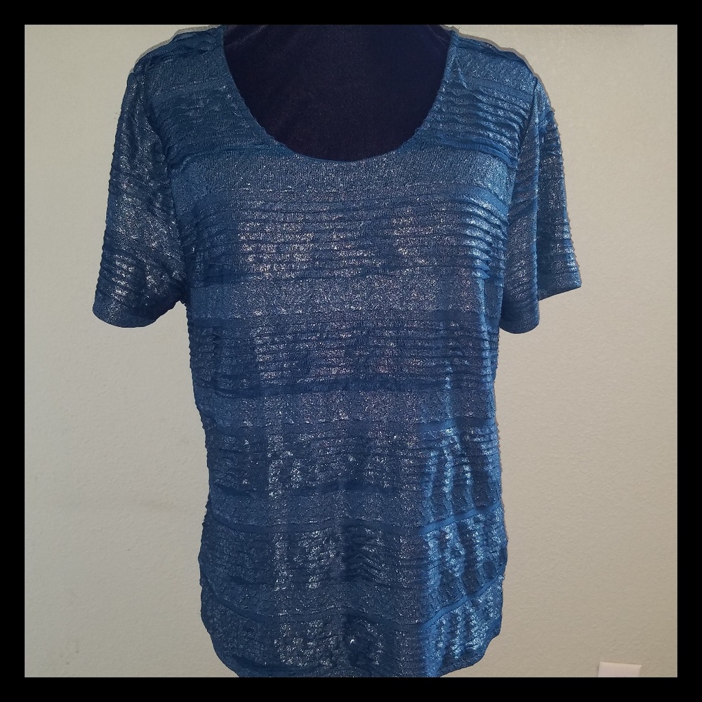 CJ Banks silver & teal ruffle top Size XL